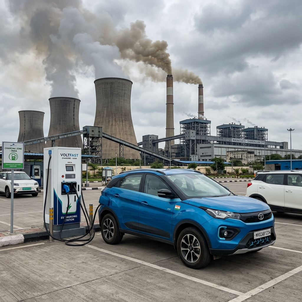 Tata Nexon EV charging with thermal coal plant background — upstream lifecycle emissions